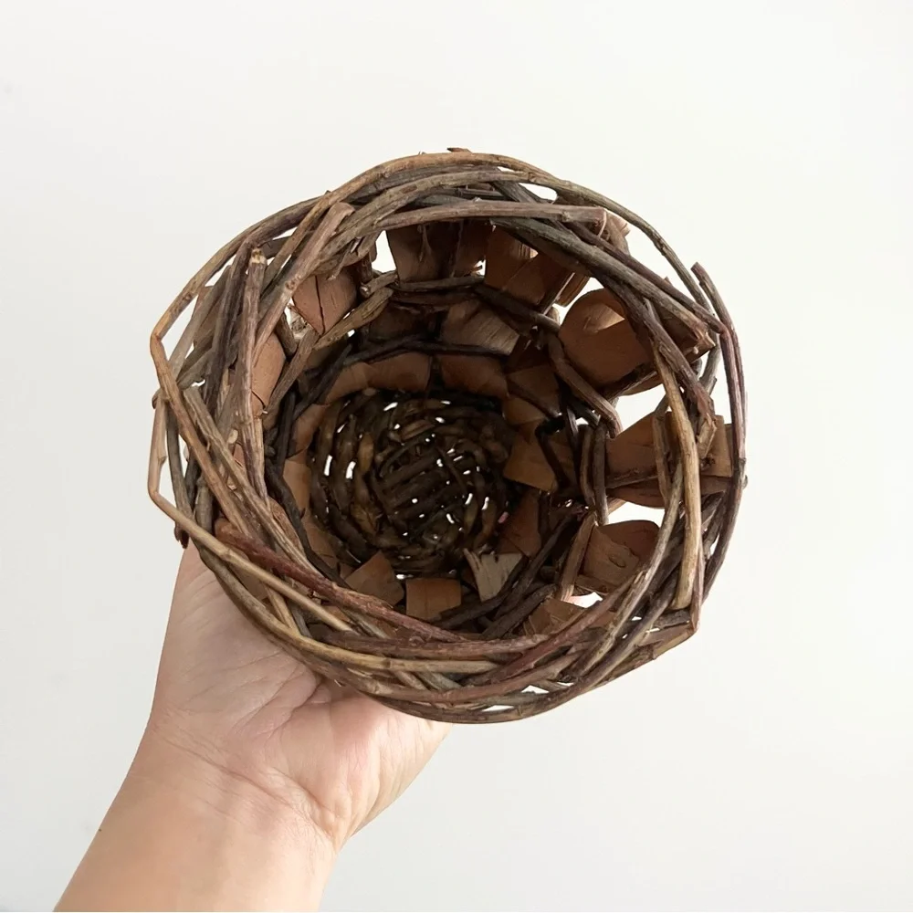 Handcrafted Birch Bark Basket Woven Natural Planter Small Brown